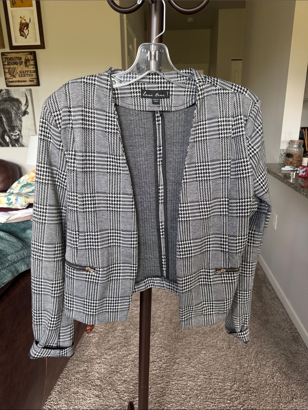 Love Tree Black & White Glen Plaid Open-Front Blazer